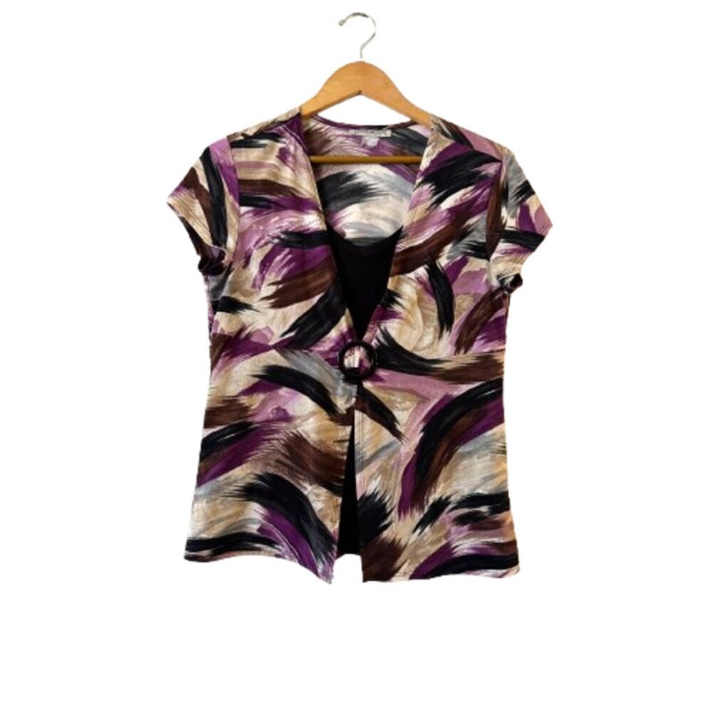 Claudia Richard Women's Brushstroke Blouse L Multicolor Buckle Cap Sleeve V-Neck